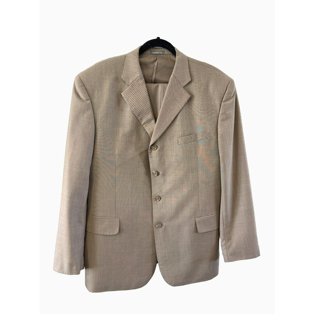 Vanetti 2 Piece Suit Mens 42R 36Rx31 Tan windowpane Blazer Jacket Pants